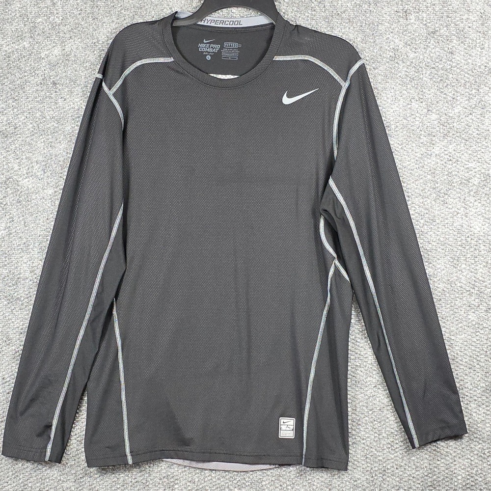Nike Mens L Pro Combat Hypercool Long Sleeve Shirt Black Dri-FIT Fitted 473757